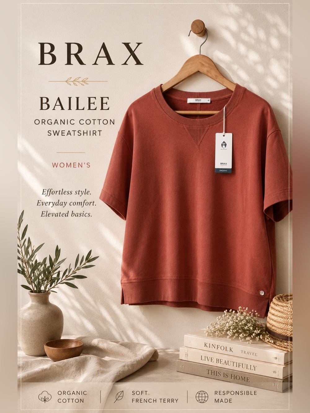 BRAX Bailee Organic Cotton Short Sleeve Sweatshirt Terracotta Large